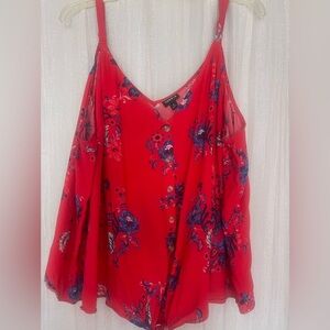 Torrid Red and Blue Floral challis button up tie bottom Blouse